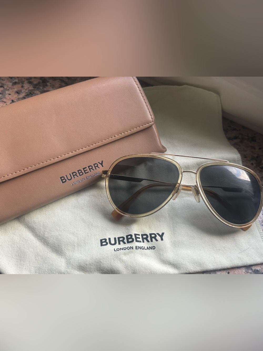 Burberry Gold Metal Aviator Sunglasses with Tan Leather Case and Mint Dust Bag